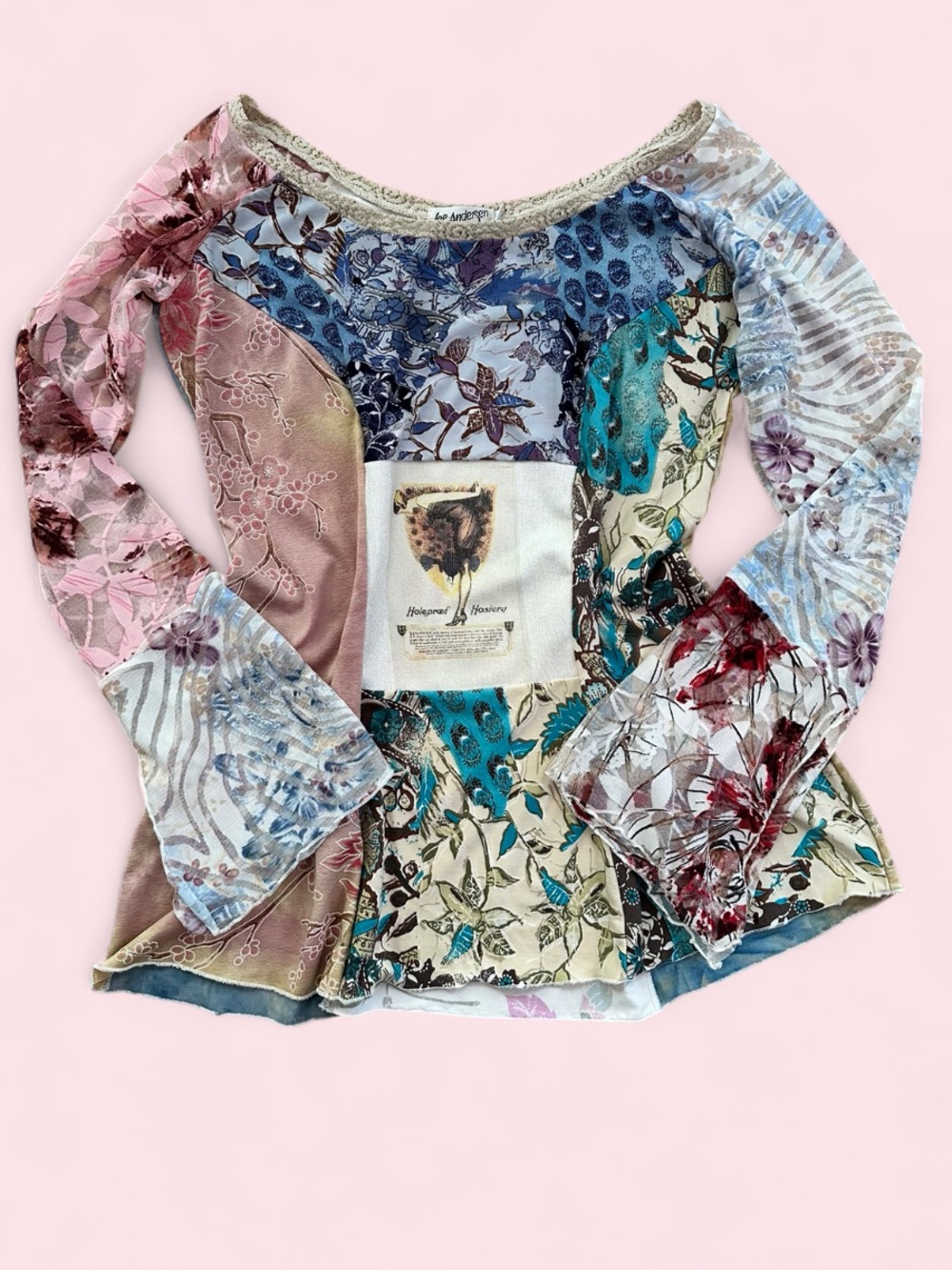 Y2K Lee Anderson Patchwork Floral Fairycore Bell Sleeve Top 2000s Fairy B3